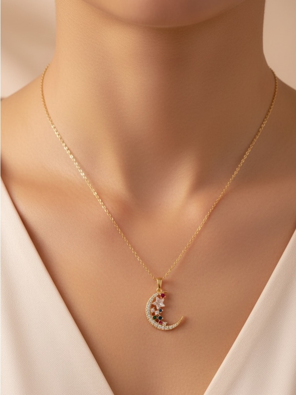 Gold Plated Crescent Moon Necklace with Multicolor CZ Gem Accents.